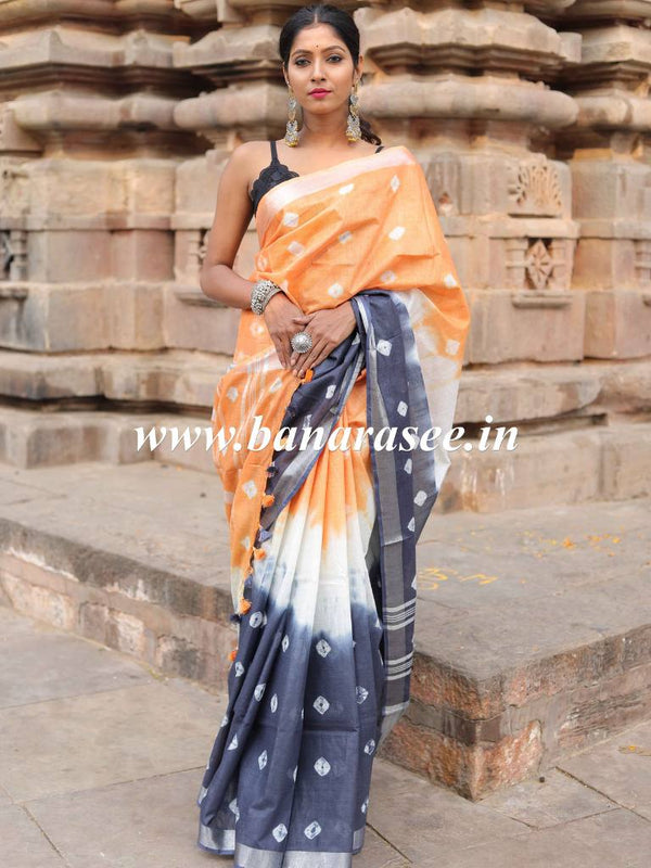 Bhagalpur Handloom Pure Linen Cotton Hand-Dyed Shibori Pattern Saree-Grey & Peach