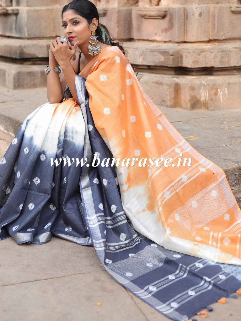 Bhagalpur Handloom Pure Linen Cotton Hand-Dyed Shibori Pattern Saree-Grey & Peach