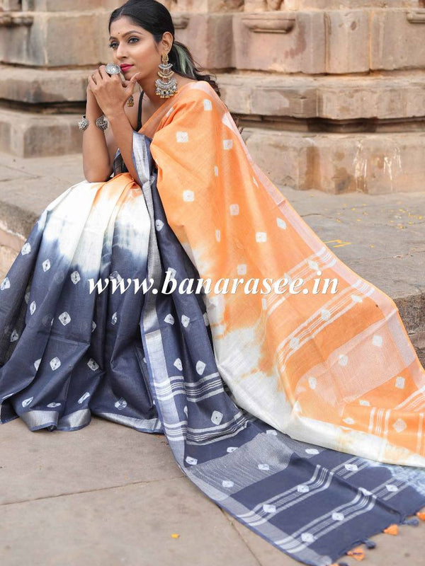 Bhagalpur Handloom Pure Linen Cotton Hand-Dyed Shibori Pattern Saree-Grey & Peach