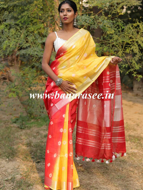 Bhagalpur Handloom Pure Linen Cotton Hand-Dyed Shibori Pattern Saree-Red & Yellow