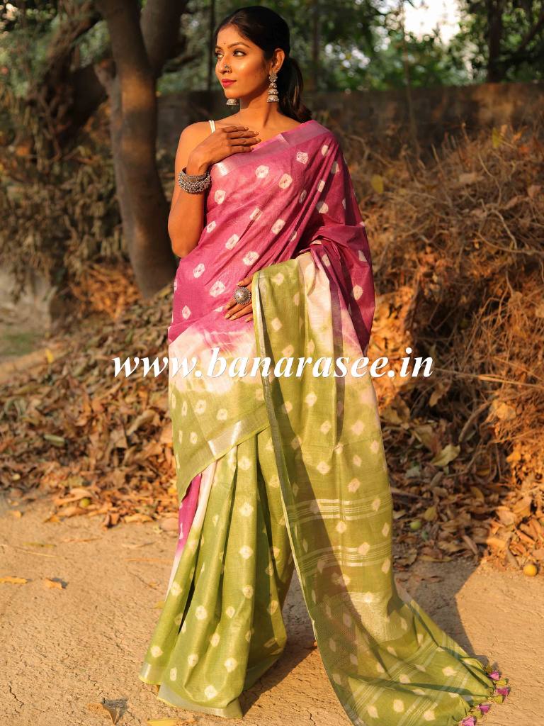 Bhagalpur Handloom Pure Linen Cotton Hand-Dyed Shibori Pattern Saree-Green & Purple