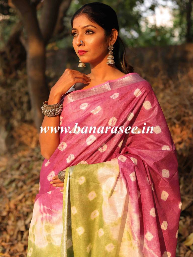 Bhagalpur Handloom Pure Linen Cotton Hand-Dyed Shibori Pattern Saree-Green & Purple