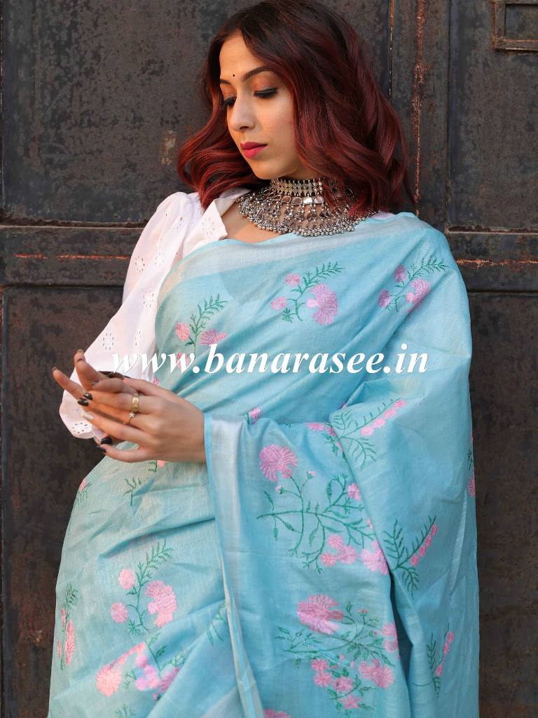 Bhagalpuri Handloom Linen Cotton Floral Embroidered Saree-Sky Blue