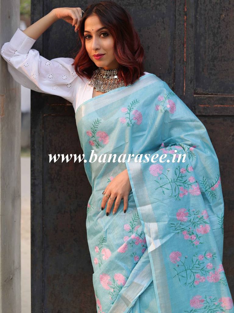 Bhagalpuri Handloom Linen Cotton Floral Embroidered Saree-Sky Blue