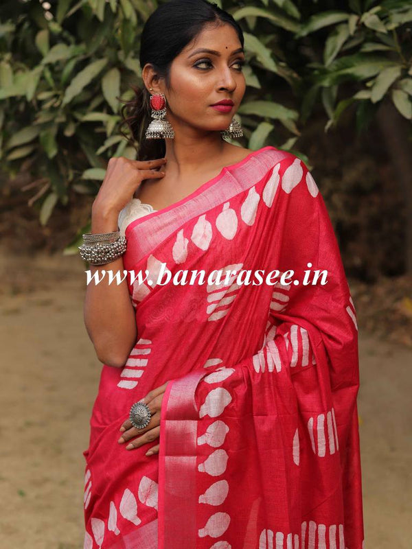 Bhagalpur Handloom Pure Linen Cotton Hand-Dyed Batik Pattern Saree-Red