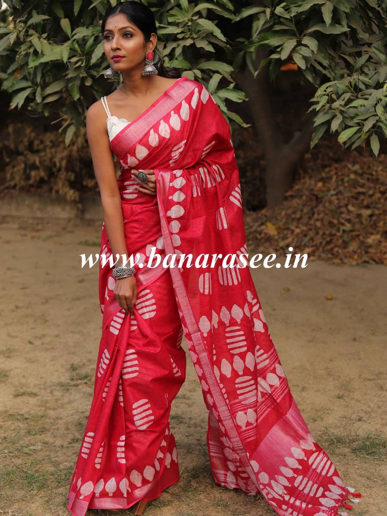 Bhagalpur Handloom Pure Linen Cotton Hand-Dyed Batik Pattern Saree-Red