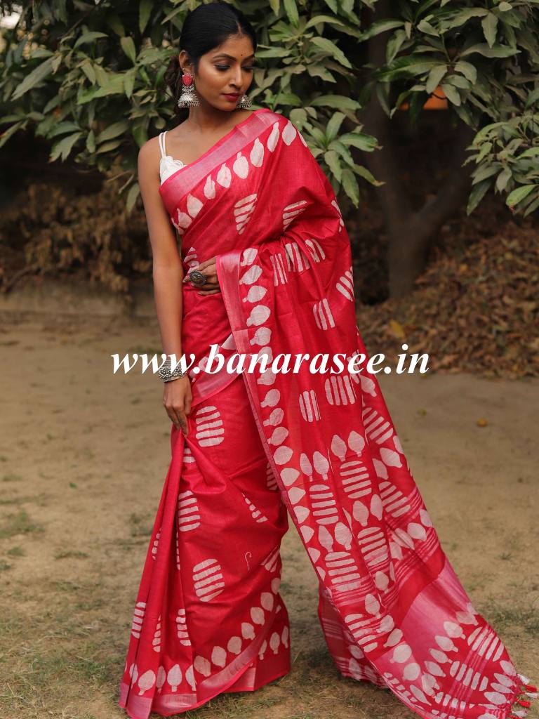Bhagalpur Handloom Pure Linen Cotton Hand-Dyed Batik Pattern Saree-Red