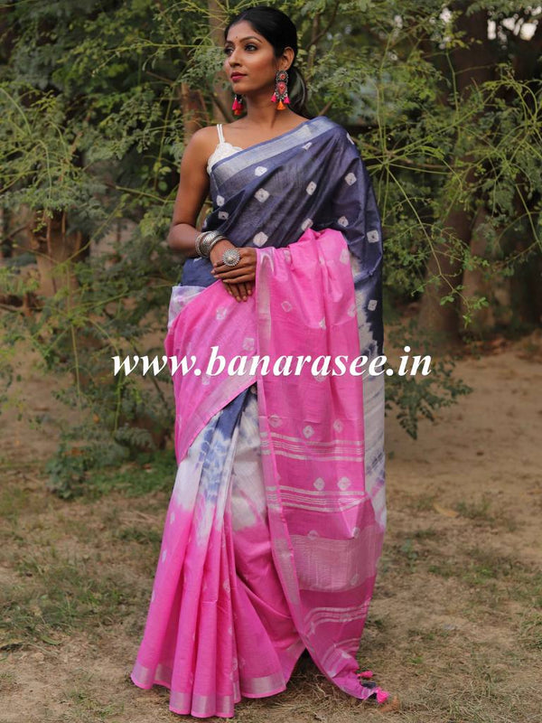 Bhagalpur Handloom Pure Linen Cotton Hand-Dyed Shibori Pattern Saree-Grey & Pink