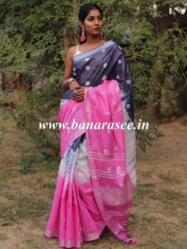 Bhagalpur Handloom Pure Linen Cotton Hand-Dyed Shibori Pattern Saree-Grey & Pink