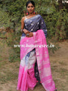 Bhagalpur Handloom Pure Linen Cotton Hand-Dyed Shibori Pattern Saree-Grey & Pink
