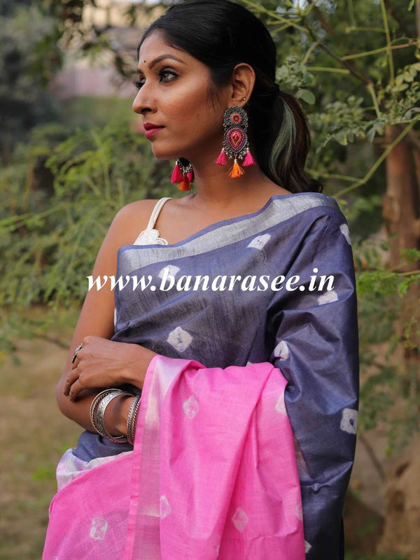 Bhagalpur Handloom Pure Linen Cotton Hand-Dyed Shibori Pattern Saree-Grey & Pink