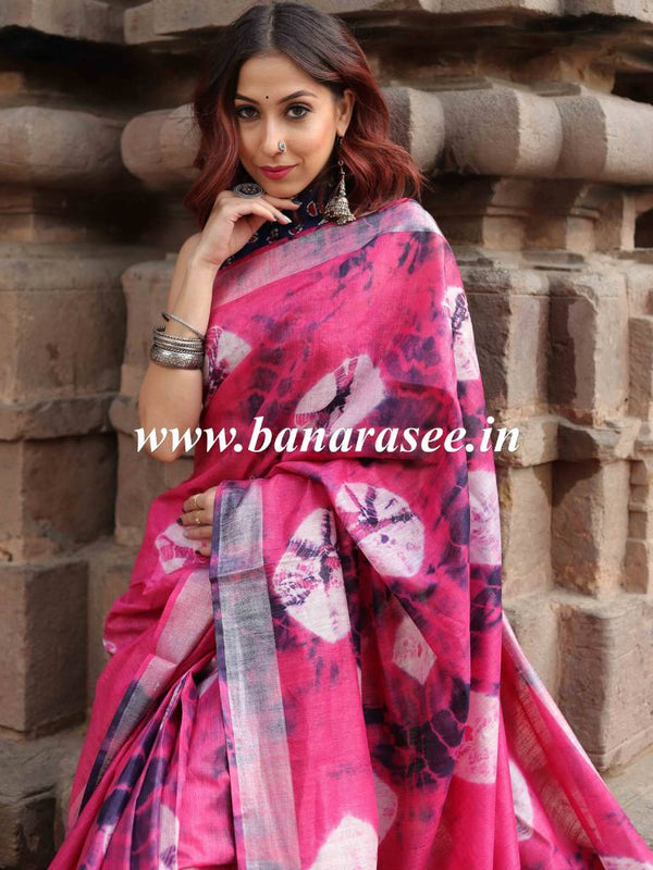 Bhagalpur Handloom Pure Linen Cotton Hand-Dyed Shibori Pattern Saree-Pink