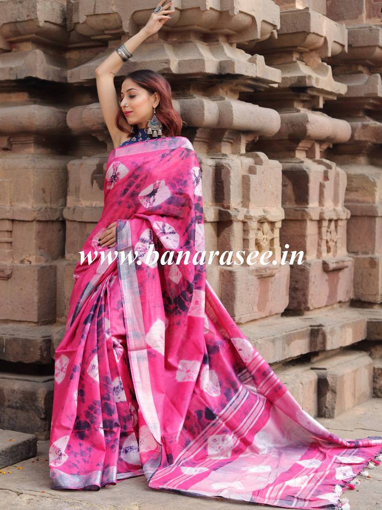 Bhagalpur Handloom Pure Linen Cotton Hand-Dyed Shibori Pattern Saree-Pink