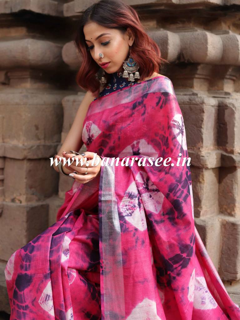 Bhagalpur Handloom Pure Linen Cotton Hand-Dyed Shibori Pattern Saree-Pink