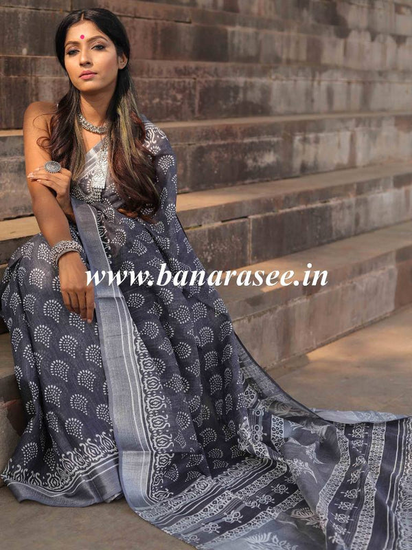 Bhagalpuri Handloom Pure Linen Cotton Block Printed Saree-Grey