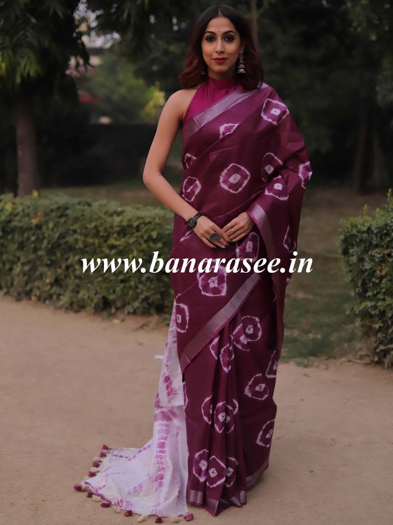 Bhagalpur Handloom Pure Linen Cotton Hand-Dyed Shibori Pattern Saree-Purple & White