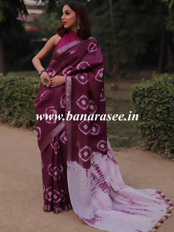 Bhagalpur Handloom Pure Linen Cotton Hand-Dyed Shibori Pattern Saree-Purple & White