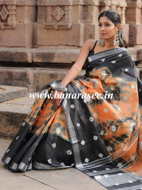 Bhagalpur Handloom Pure Linen Cotton Hand-Dyed Shibori Pattern Saree-Black & Orange