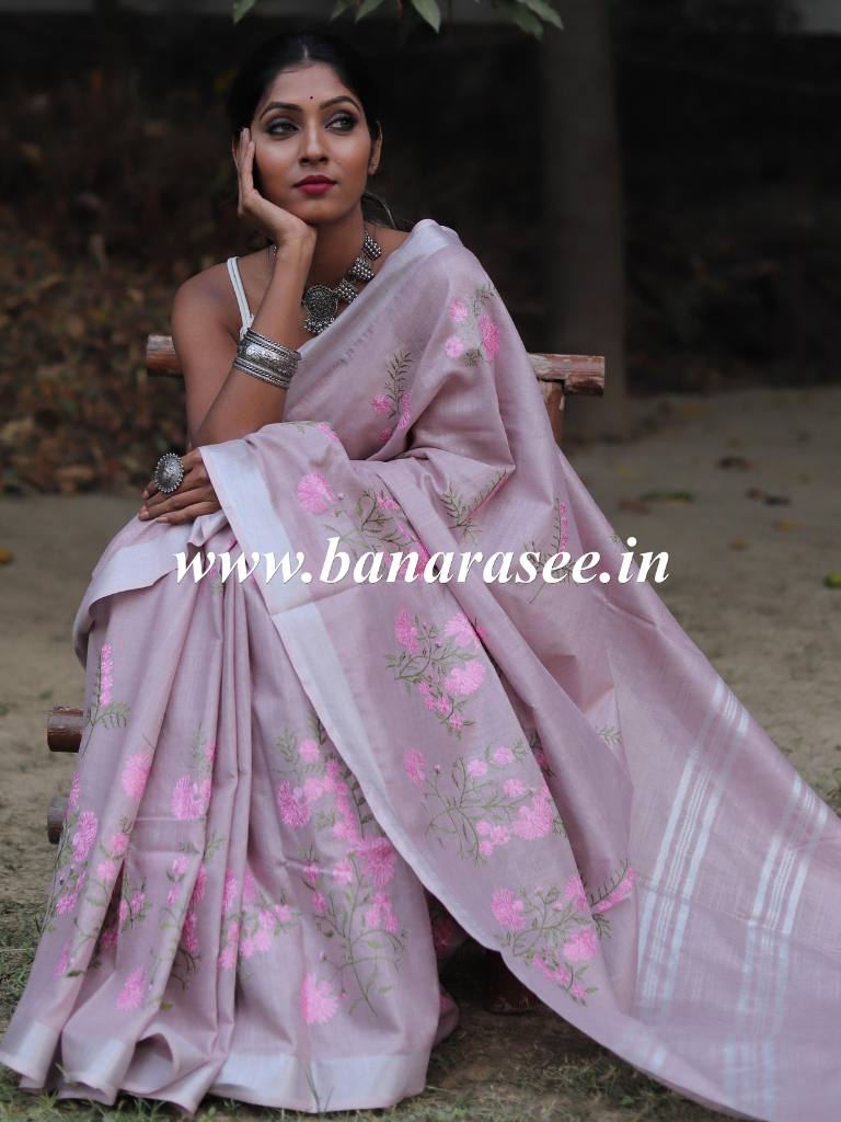 Bhagalpuri Handloom Linen Cotton Floral Embroidered Saree-Lilac