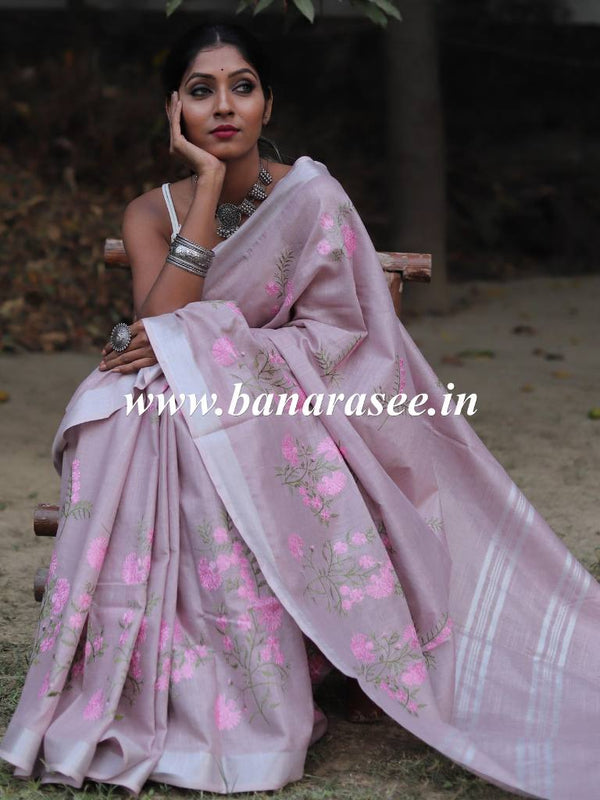 Bhagalpuri Handloom Linen Cotton Floral Embroidered Saree-Lilac