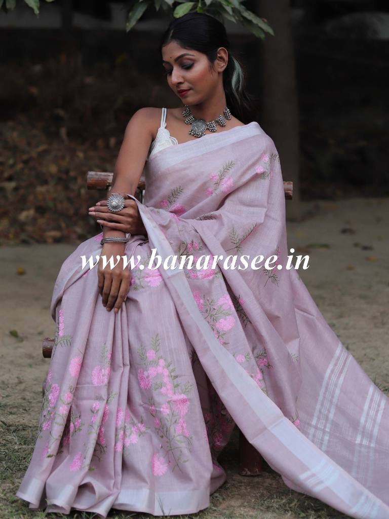 Bhagalpuri Handloom Linen Cotton Floral Embroidered Saree-Lilac