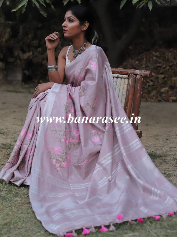 Bhagalpuri Handloom Linen Cotton Floral Embroidered Saree-Lilac