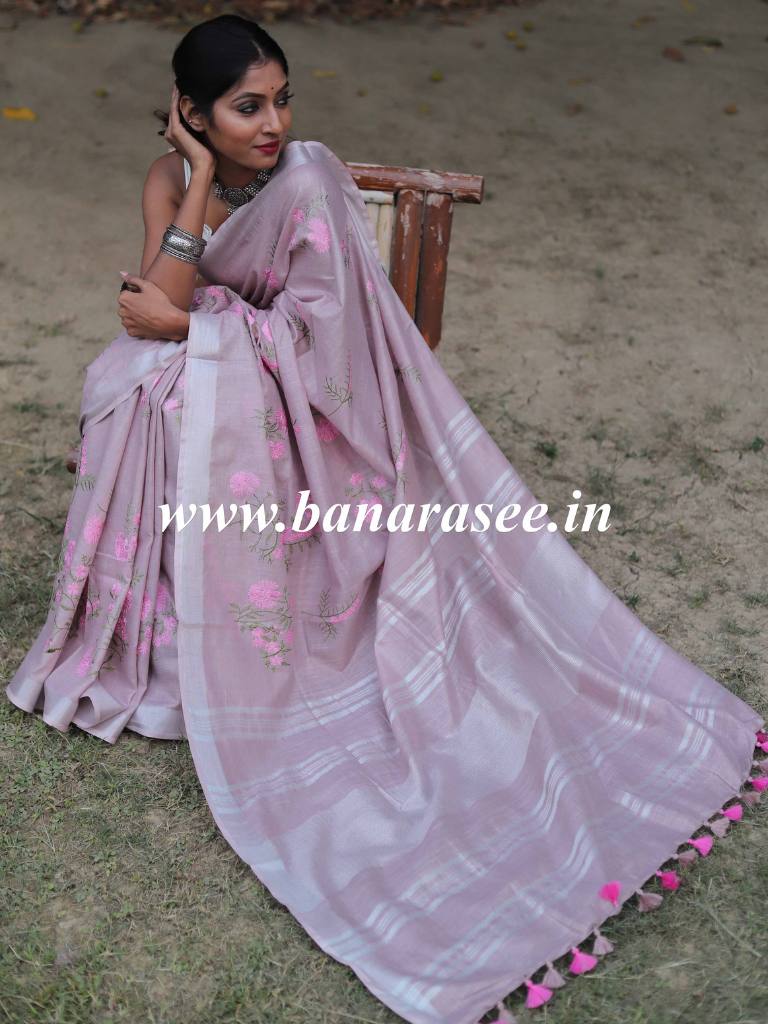Bhagalpuri Handloom Linen Cotton Floral Embroidered Saree-Lilac