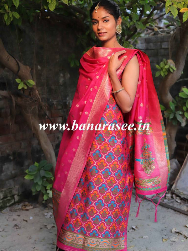 Banarasee Handloom Chanderi Salwar Kameez Fabric With Meena Design-Pink