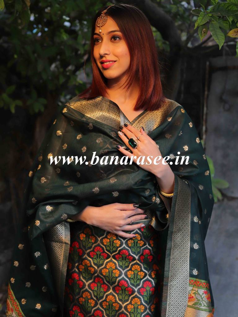 Banarasee Handloom Chanderi Salwar Kameez Fabric With Meena Design-Green