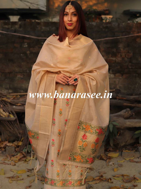 Banarasee Handloom Chanderi Salwar Kameez Fabric With Meena Design-Beige