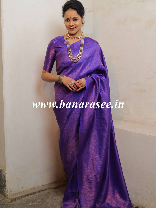 Banarasee Kubera Pattu Soft Silk Saree With Copper Zari Work-Violet