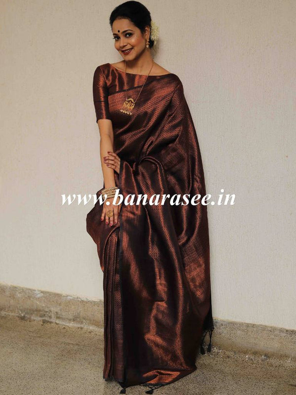 Banarasee Kubera Pattu Soft Silk Saree With Copper Zari Work-Black