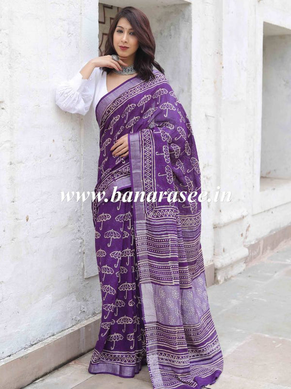 Linen Cotton Bagru Hand-Block Printed Saree-Purple
