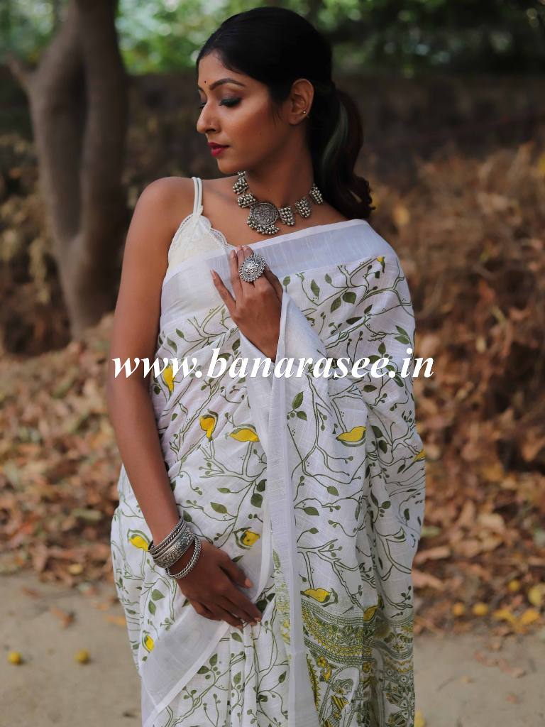Bhagalpuri Handloom Pure Linen Cotton Block Printed Saree-White
