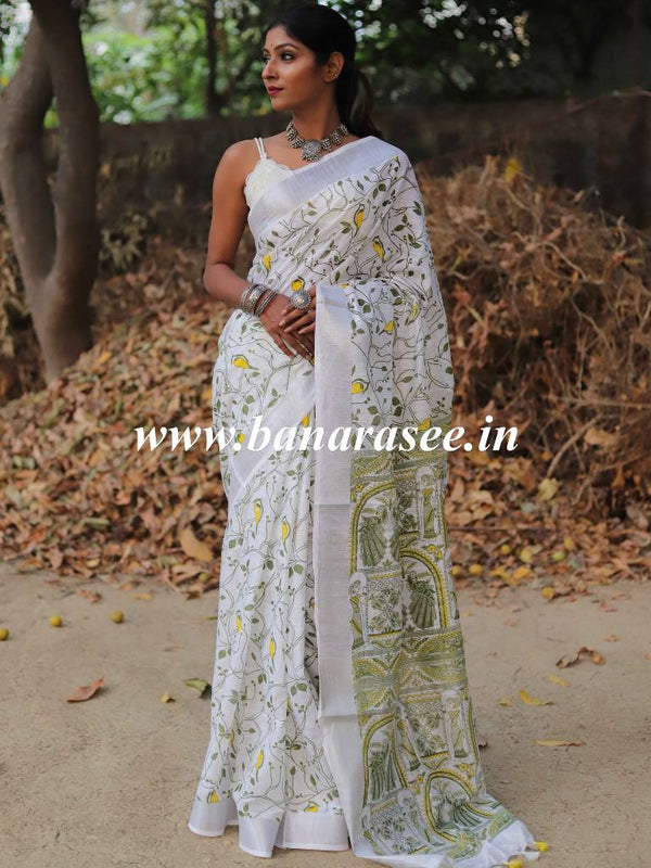 Bhagalpuri Handloom Pure Linen Cotton Block Printed Saree-White