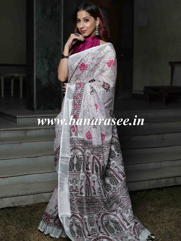 Bhagalpuri Handloom Pure Linen Cotton Block Printed Saree-White