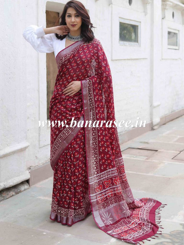 Linen Cotton Bagru Hand-Block Printed Saree-Maroon