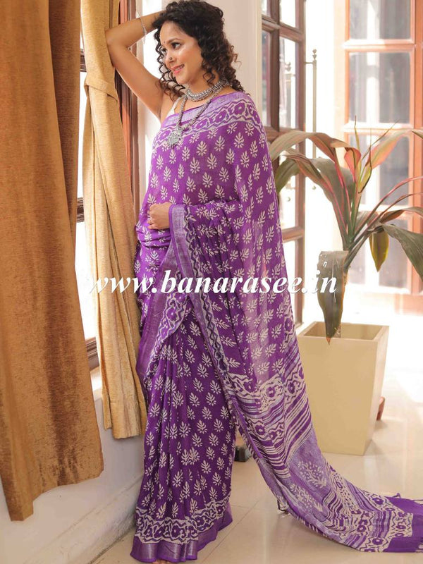 Linen Cotton Bagru Hand-Block Printed Saree-Purple