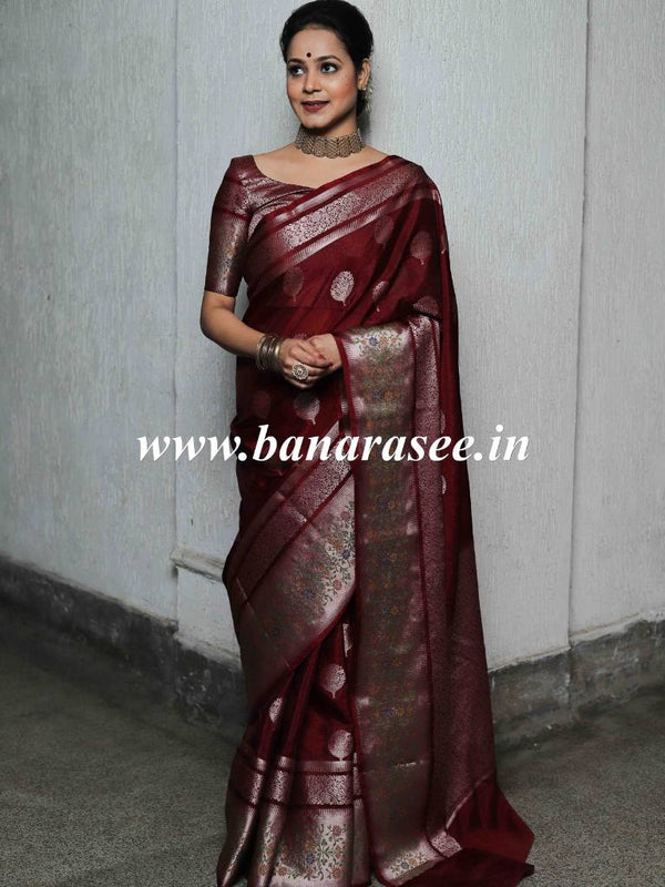 Banarasee Semi-Dupion Silk Saree With Meena & Zari Border- Maroon