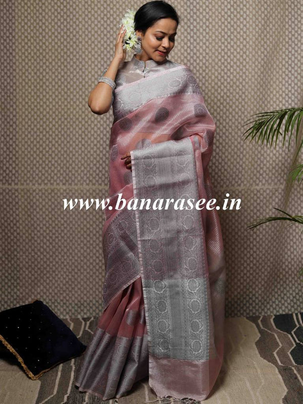 Banarasee Handwoven Broad Border Silver Zari Buta Design Tissue Saree-Pink