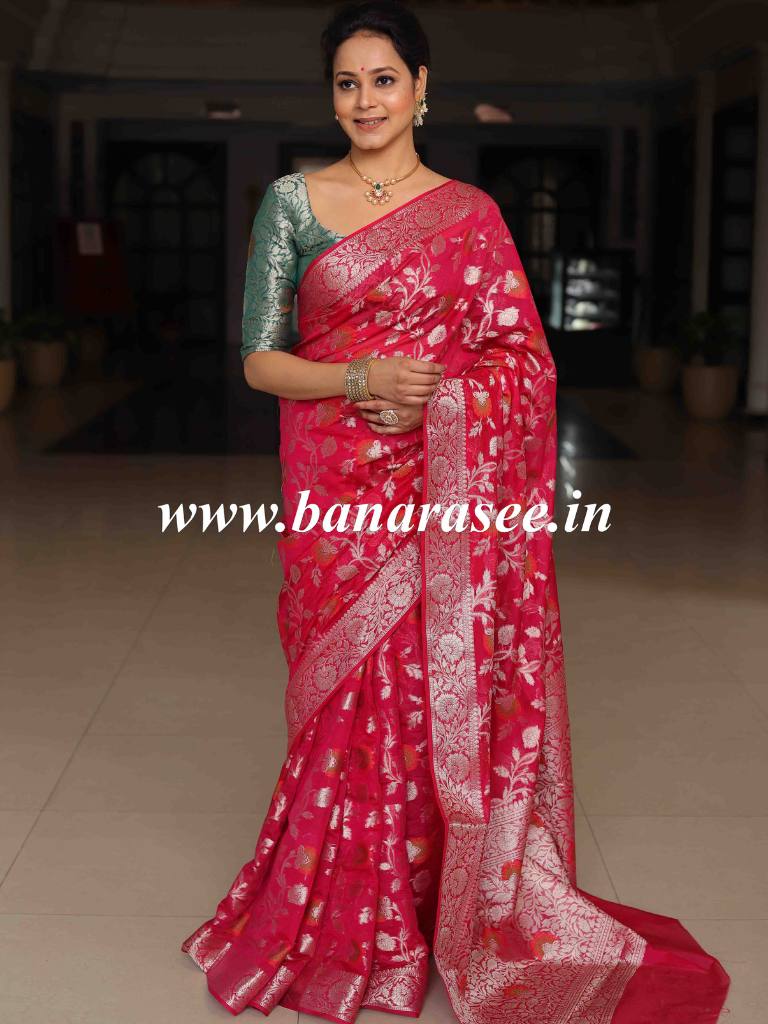 Banarasee Faux Georgette Saree With Meena Floral Jaal Work & Contrast Border-Pink