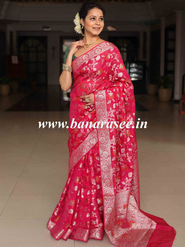Banarasee Faux Georgette Saree With Meena Floral Jaal Work & Contrast Border-Pink
