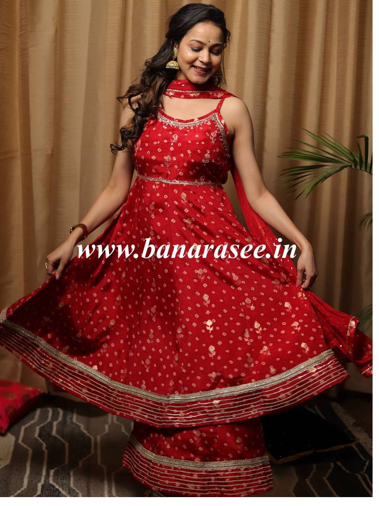 Banarasee Bandhani Printed Panelled Gotta Patti Kurta With Sharara & Dupatta-Red