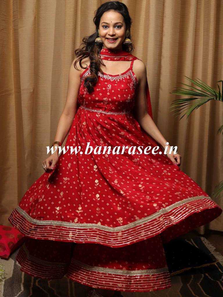 Banarasee Bandhani Printed Panelled Gotta Patti Kurta With Sharara & Dupatta-Red