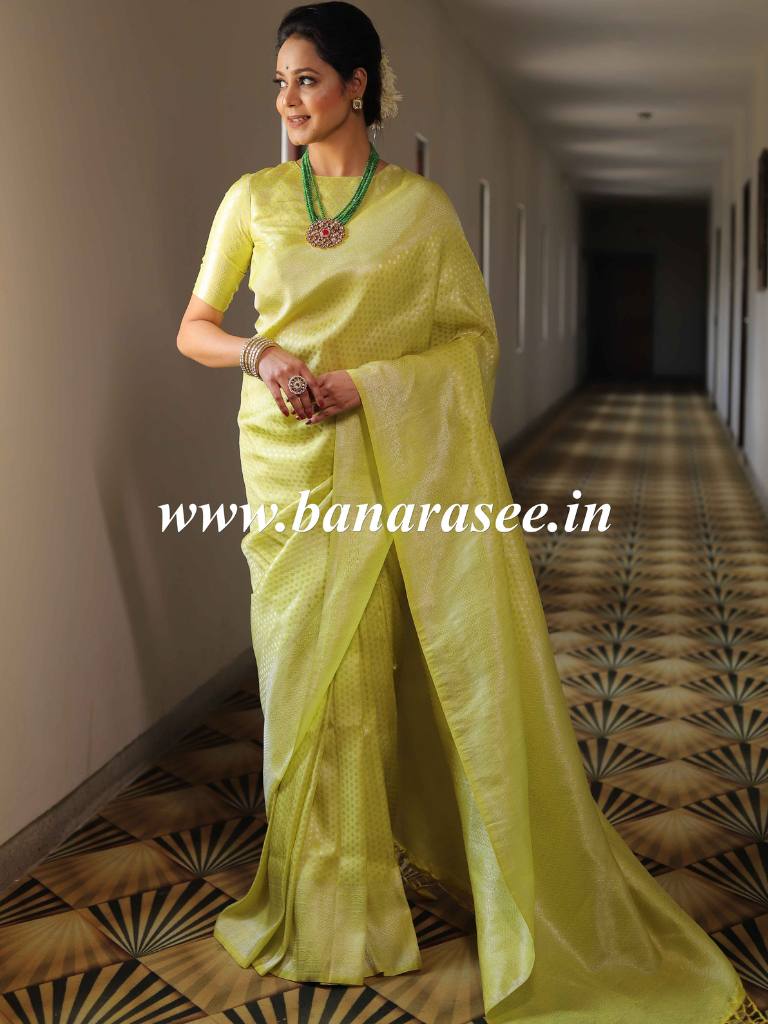 Banarasee Kubera Pattu Soft Silk Saree With Silver Zari Work-Yellow