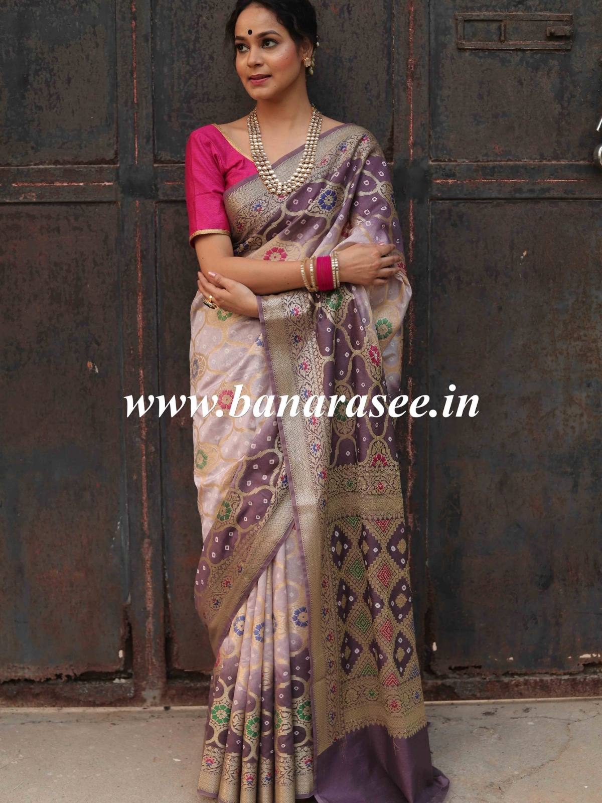 Banarasee Handwoven Semi-Silk Saree With Bandhej & Floral Zari Border-Mauve