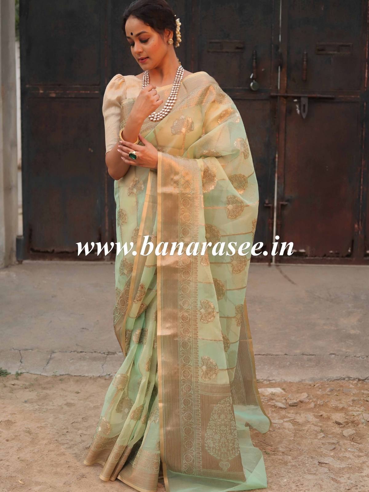 Banarasee Organza Mix Saree With Antique Zari Rangkat Design-Green