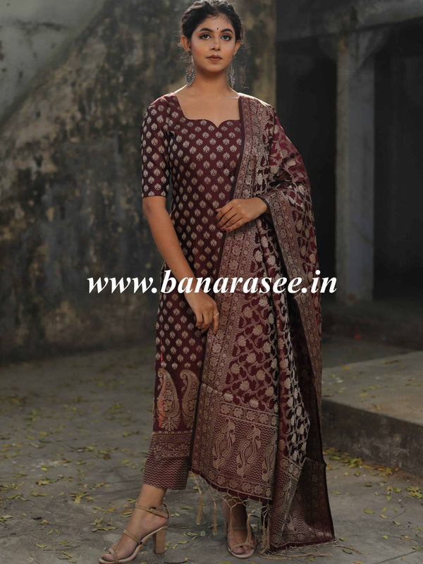 Banarasee Salwar Kameez Cotton Silk Resham Buti Woven Fabric-Wine