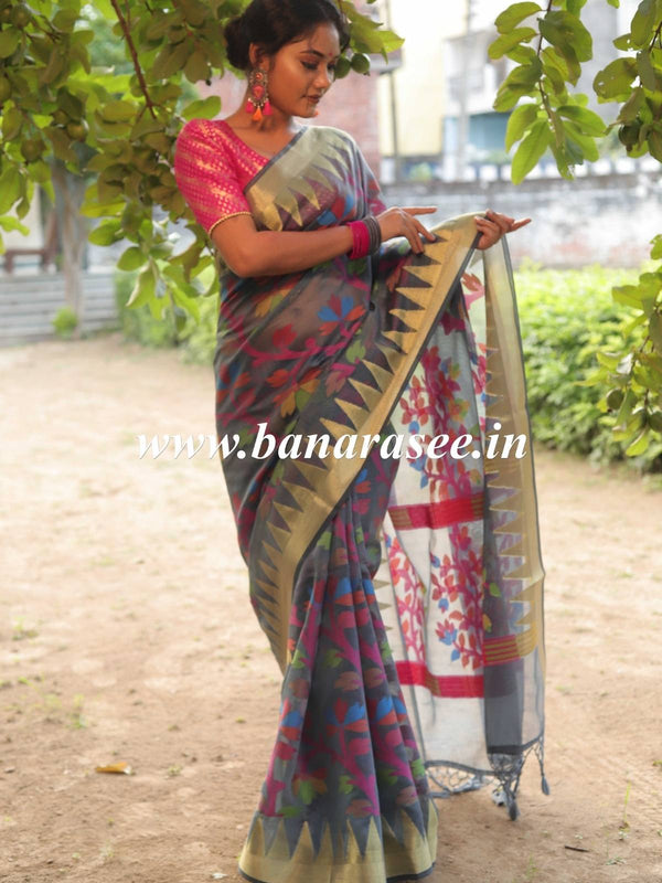 Banarasee Handwoven Silk Cotton Jamdani Saree With Resham & Zari Design-Grey