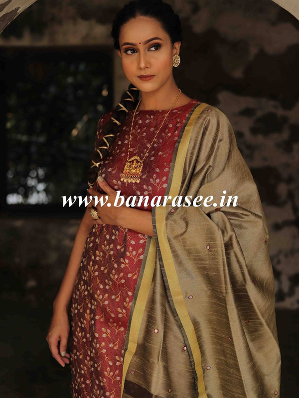 Banarasee Brocade Salwar Kameez Fabric With Art Silk  Mirror-Work Dupatta-Maroon & Gold